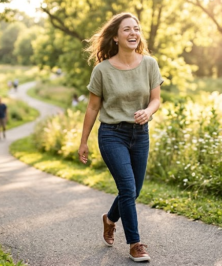 Žena kráčí po parku plném zeleně, plná energie a elánu